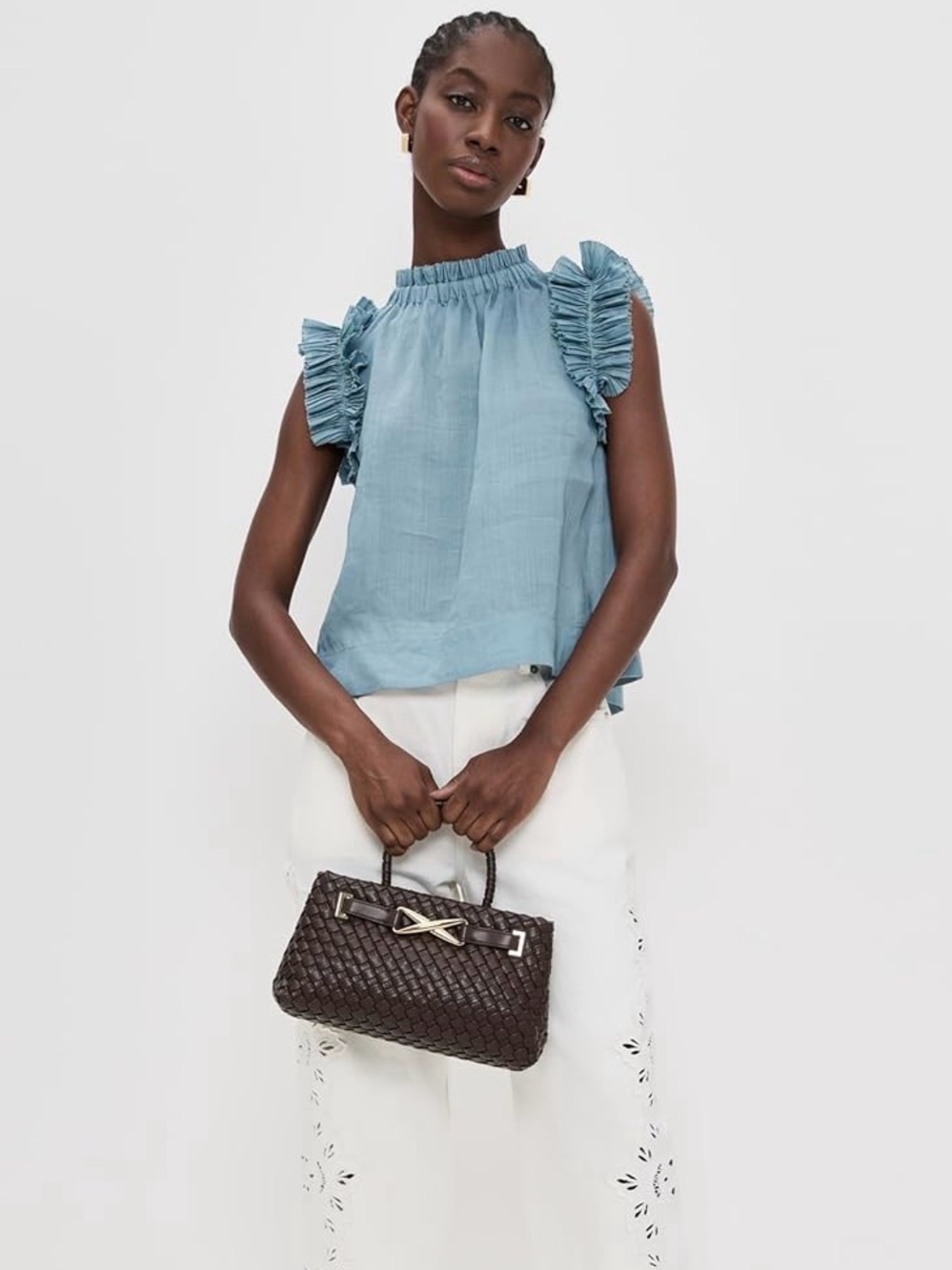 Sea Ruffled Sleeveless Linen Top in Dusty Teal